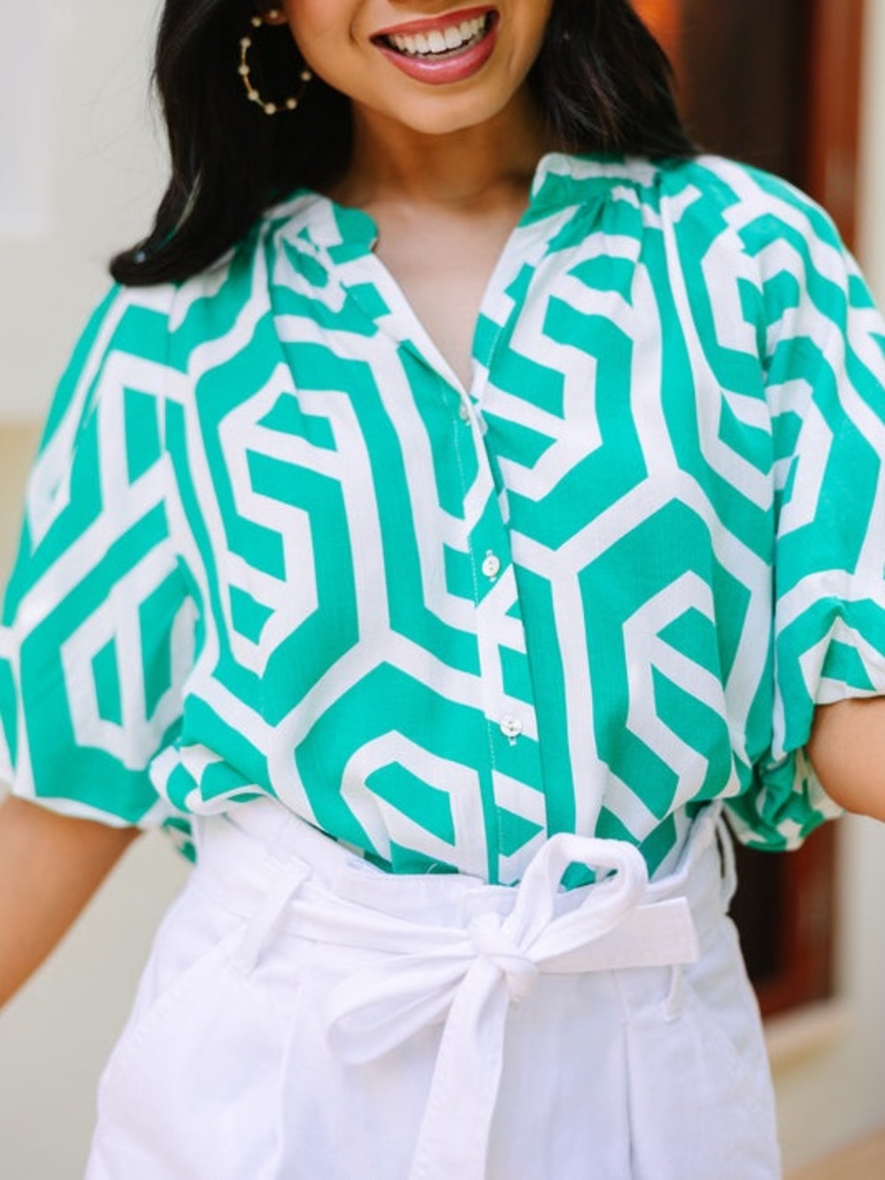 The Mint, entro Green and White Geometric Button-Front Blouse